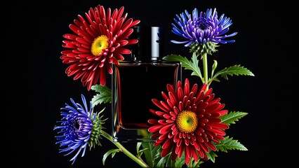 digital illustration perfume bottle three red blue flowers front bottle center surrounded two red flowers yellow centers green leaves flowers arranged way overlapping creating sense depth dimension