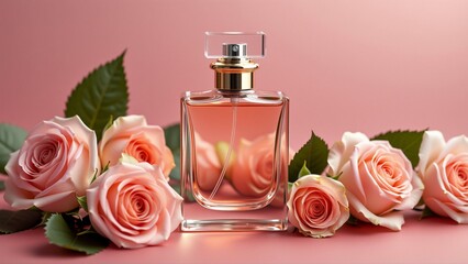 perfume bottle gold colored cap transparent body bottle placed pink background few pink roses scattered around roses full bloom green leaves overall aesthetic romantic feminine