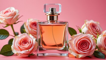 perfume bottle gold colored cap transparent body bottle placed pink background six pink roses surrounding roses green leaves arranged symmetrical pattern around bottle overall aesthetic elegant