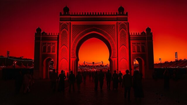 People gather at the majestic Bab Chellah gate in Morocco during a vibrant red sunset event.