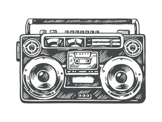 Illustration of an old radio with a cassette tape. Art in pen strokes.