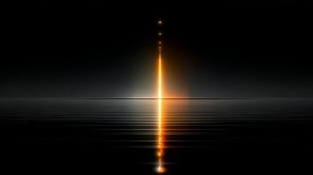 Black and orange image of a long, thin light that is reflected in the water. The image has a dreamy