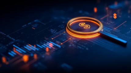 Close up of a computer screen with a dollar sign in the center. The dollar sign is surrounded by a magnifying glass