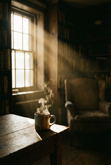 Steaming Coffee Mug on Wooden Table in Sunlit Library