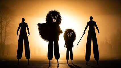 Four stilted figures walk towards the viewer on a foggy road at sunset