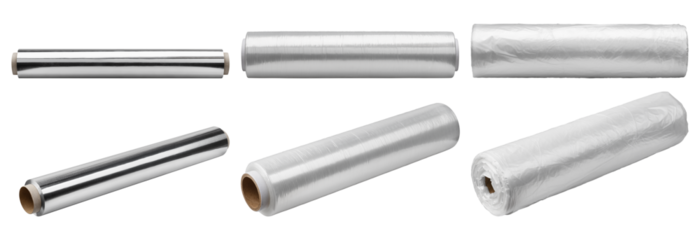 Aluminum Foil, Film Roll, Food Bag, isolated on white background, full depth of field