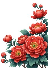 A vibrant hand-painted illustration showcasing lush red blooms rendered in a traditional East Asian aesthetic, ideal for cultural projects, paper, ornamental, vibrant