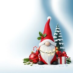 Adorable Christmas garden gnomes gathered in a festive holiday display, wearing tiny hats and surrounded by decorations and winter greenery, december, white, arrangement