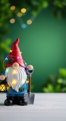 Charming Christmas garden gnomes decorated with bright lights and festive greenery, capturing the holiday spirit outdoors, greenery, decoration, yard