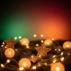 Cozy holiday background with glowing lights, festive ornaments, natural pine branches, and warm seasonal ambiance, seasonal, warm, texture