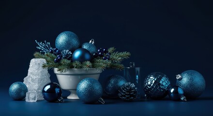 Modern holiday arrangement with various shades of icy blue and navy decorative spheres and festive seasonal items displayed thoughtfully, gift, ball, cool