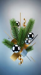 Modern holiday composition featuring pine branches and sleek decorative elements on a simple winter background, natural, branch, wood