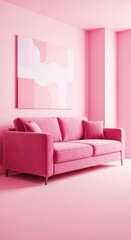Pastel pink living room illustration featuring a comfy, modern velvet sofa and minimalist interior design, light, creative, domestic