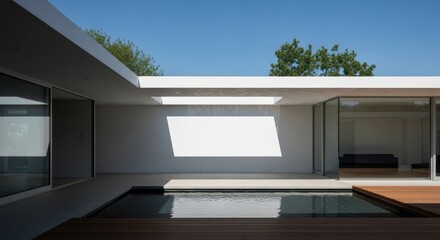 Peaceful outdoor architectural design focusing on natural light, shaded areas, and minimalist aesthetics for relaxation and calm, soothing, landscape, architecture