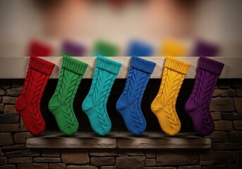 Several colorful knit stockings hanging neatly above a hearth, waiting for holiday treats and small gifts on Christmas morning, hanging, decoration, winter
