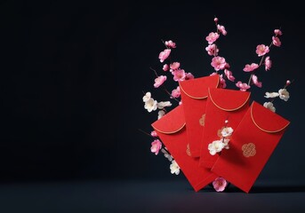 Traditional Lunar New Year composition showcasing vibrant red envelopes and delicate plum blossoms against a dramatic dark background, symbolizing good fortune, black, Lunar New Year, holiday