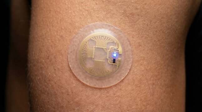 Bio-Sensor Patch with Gold Micro-Circuitry on Skin Macro Close-up
