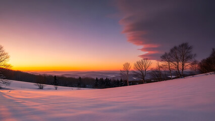 Serene winter landscape with snow covered hill at sunset