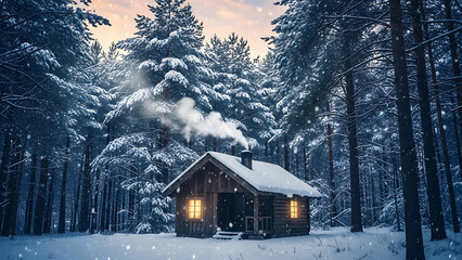 Cozy cabin in snowy forest with smoke rising from chimney
