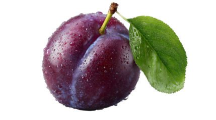 Juicy Organic Plum Fruit with Leaf Macro Shot