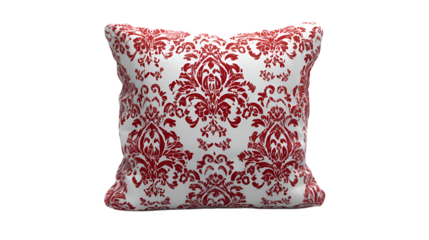 Decorative Throw Pillow with Red Damask Pattern Isolated on Grey

