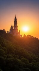 A majestic religious structure bathed in brilliant golden sunlight atop a forested hillside, evoking peaceful reverence and spiritual travel, sunrise, golden, nature