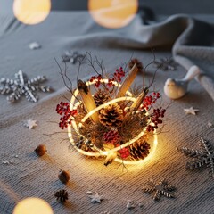 Cozy winter arrangement with seasonal decorations, warm lights, and natural rustic elements providing a festive, peaceful atmosphere, cozy, indoors, seasonal time