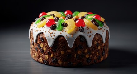 Rich holiday fruitcake decorated with white frosting and candied fruits, a dense and traditional dessert perfect for celebrating the festive winter season, sugar, dark, homemade
