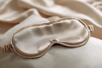 Silk sleep mask on beige silk sheets promoting relaxation and better sleep