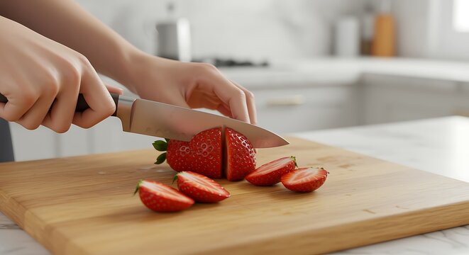 Hands cutting strawberries on a wooden cutting board in a kitchen knife - Powered by Adobe