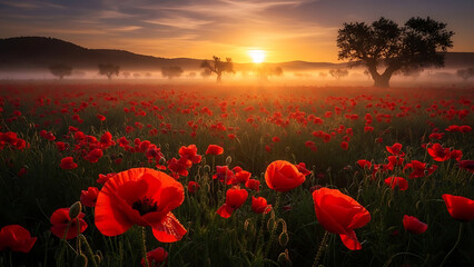 Vibrant red poppy field at sunrise with misty morning fog