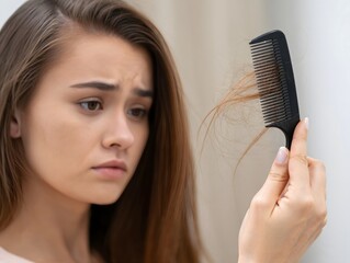 Worried Woman Holding Hair Collected in Comb - Hair Loss Concern