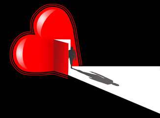 A silhouetted figure walks out of a heart by going through a door in a shaft of light. This is a 3-d illustration about love, lost love, lie, death and more.