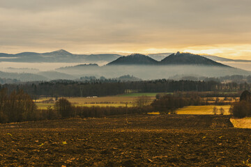 Foggy spring landscape after winter in Karkonosze and Rudawy Janowickie, Lower Silesia, Poland © krzys ser