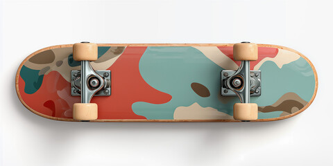 A stylish skateboard featuring a vintage-inspired color scheme, set against a clean white background. Perfect for promoting youth culture, sports gear, or retro trends in branding and design.