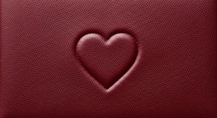 Deep Burgundy Leather Texture with subtle Heart Embossed. frame texture of deep burgundy red premium leather. A subtle, large heart shape is embossed pressed into the leather in the center