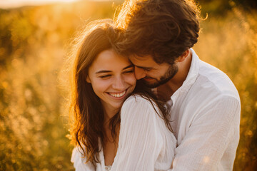 A joyful young couple shares a tender moment in a sunlit meadow, embracing warmly. Their connection radiates love and happiness, perfect for romance, relationship blogs, or advertising.