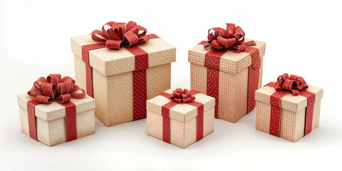 A collection of elegantly stacked red and beige gift boxes, adorned with ribbons and bows, set against a pristine white background. Perfect for holiday promotions, invitations, or gift guides.