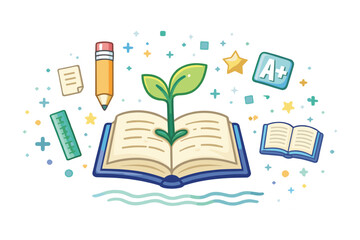 Learning illustration, open book with growing plant