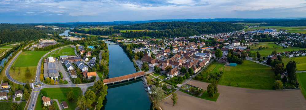 Aerial view around the old town of the city Wangen an der Aare in Switzerland on a late afternoon in summer.