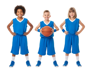 Three Happy Diverse Children in Blue Basketball Uniforms Smiling Cheerfully with a Ball, isolated on transparent background.