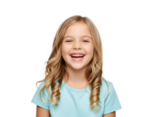 Joyful Young Blonde Girl Laughing with Open Mouth and Blue T-shirt, Expressing Happiness and Fun, isolated on transparent background.