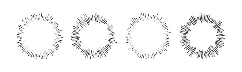 Sound wave dots form circular audio pattern with radial lines. Music equalizer icon with concentric rings and dynamic sound frequency visualization.