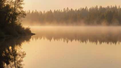 Fototapeta premium Misty forest lake at sunrise symbolizing calm, reflection and untouched nature 