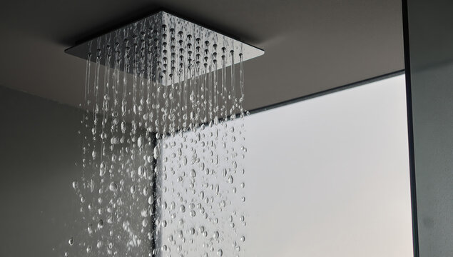 rain shower, shower head, modern bathroom, bathroom interior, water flow, shower water, hygiene, daily routine, home spa, wellness concept, relaxation, clean water, bathroom design, minimalist interio