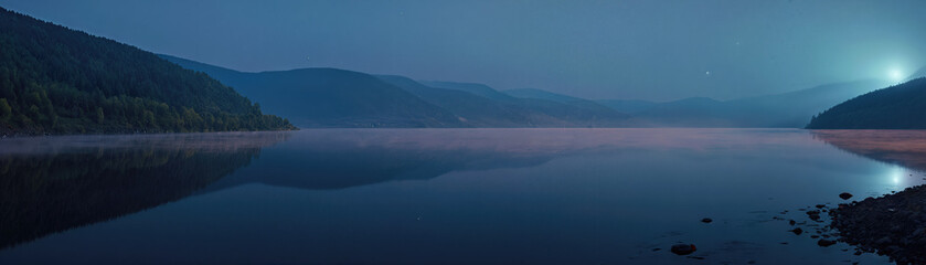 Obraz premium Calm mountain lake at dusk reflecting sky and surrounding landscape 