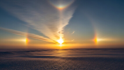 Vibrant sunset with sun dogs and colorful clouds over serene water