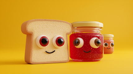A cheerful slice of bread and two animated jars of jam smile against a bright yellow background, creating a fun and playful food scene.