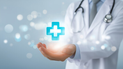 A healthcare professional in a white coat extends a hand, showcasing a glowing medical cross symbol, representing care and health.