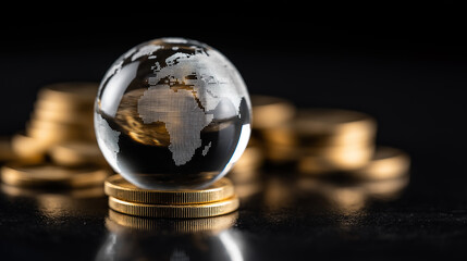 A crystal globe of the world sits atop golden coins, symbolizing finance, global economy, and wealth in a sleek, modern design against a dark background.